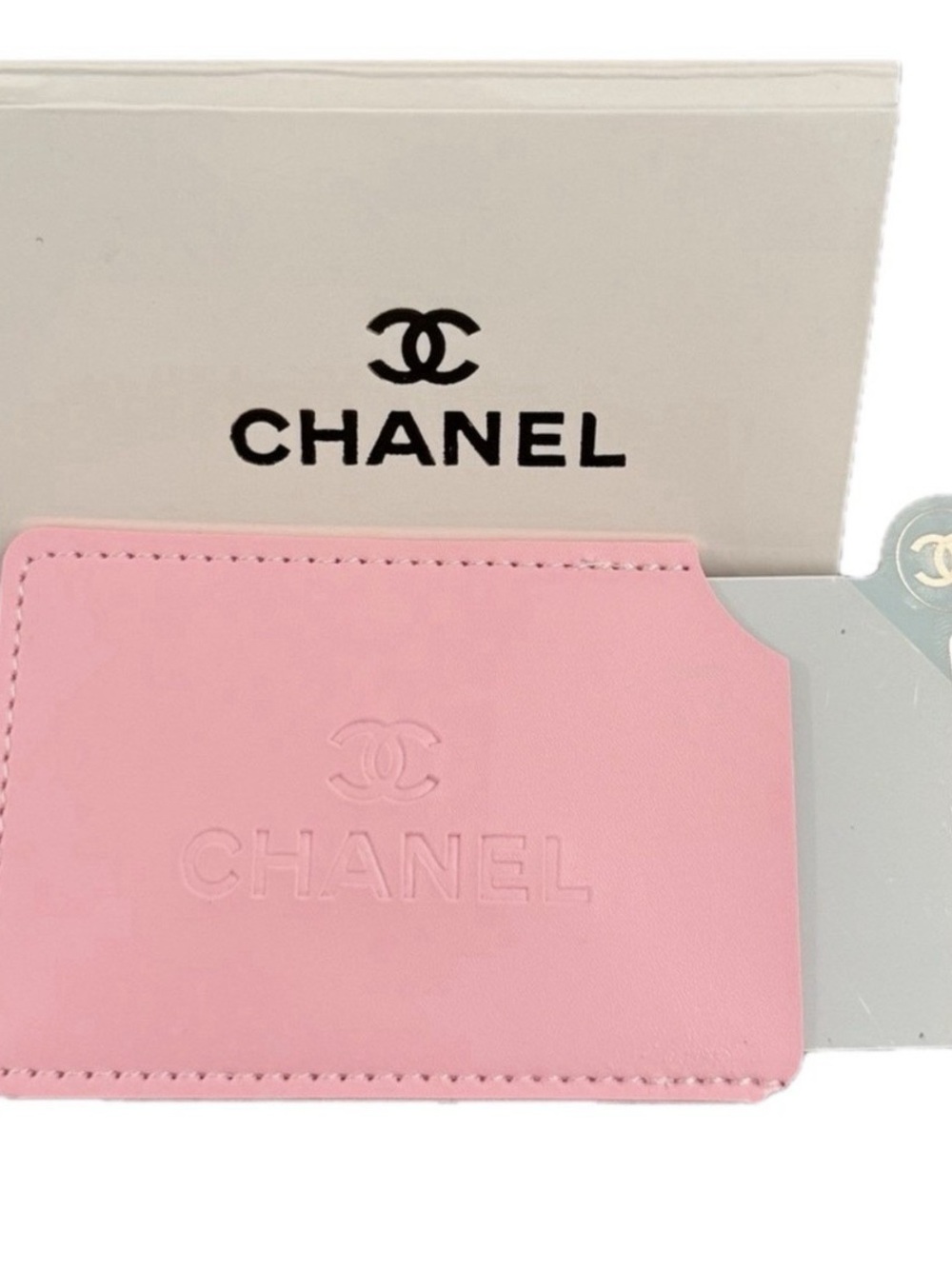 CHANEL Pink Embossed Leather Card Slot Mirror with CC Detail - Picture 2 of 3